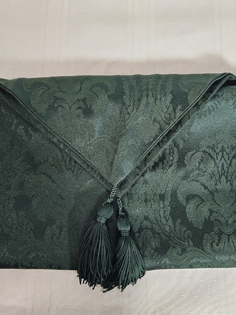 Vintage Jacquard Table Runner 66x14 Green Tassels Victorian